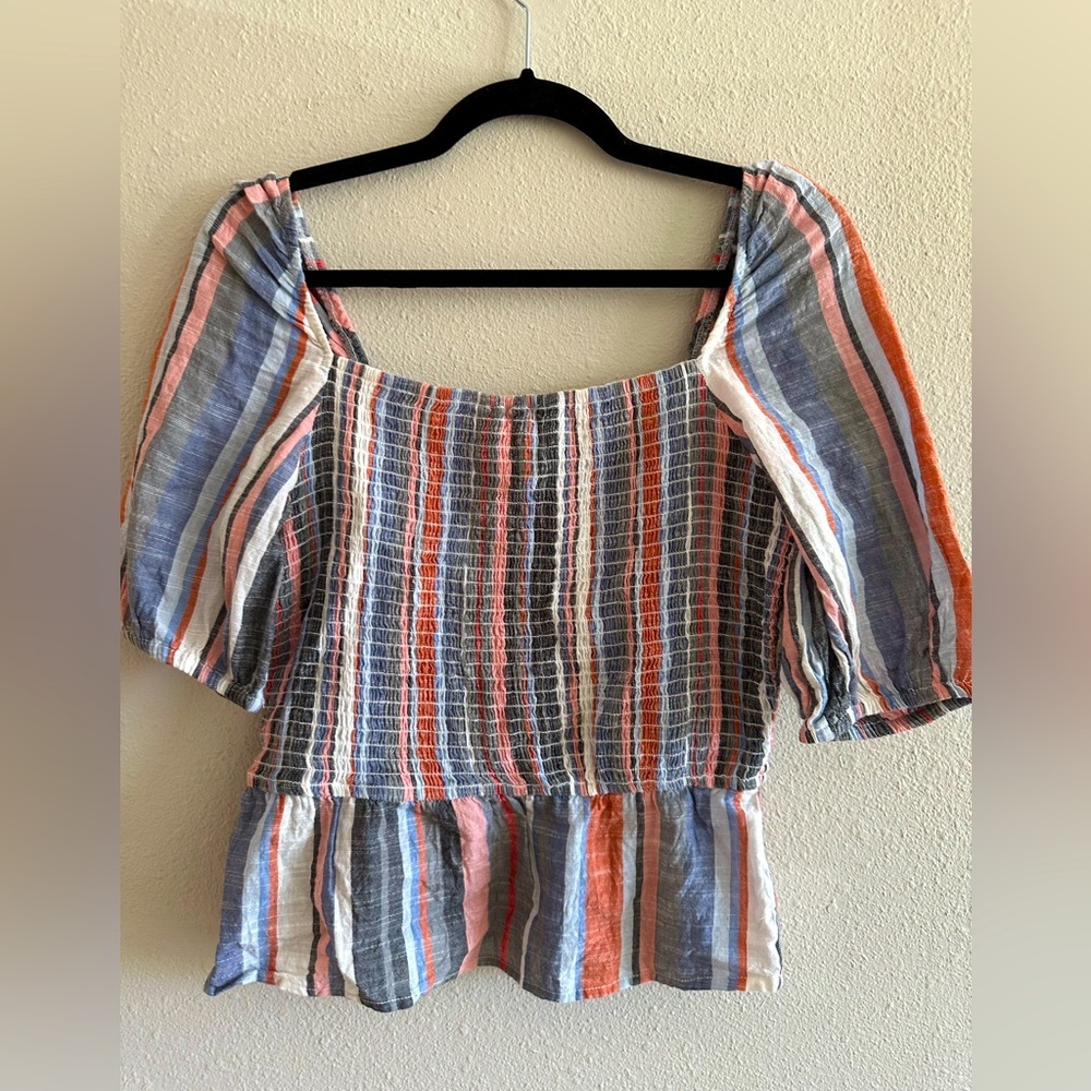 A4 - 221 Blue rain smocked short sleeve striped top size small